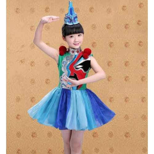 Girls kids chinese pecking opera art stage prformance dresses drama cosplay dresses